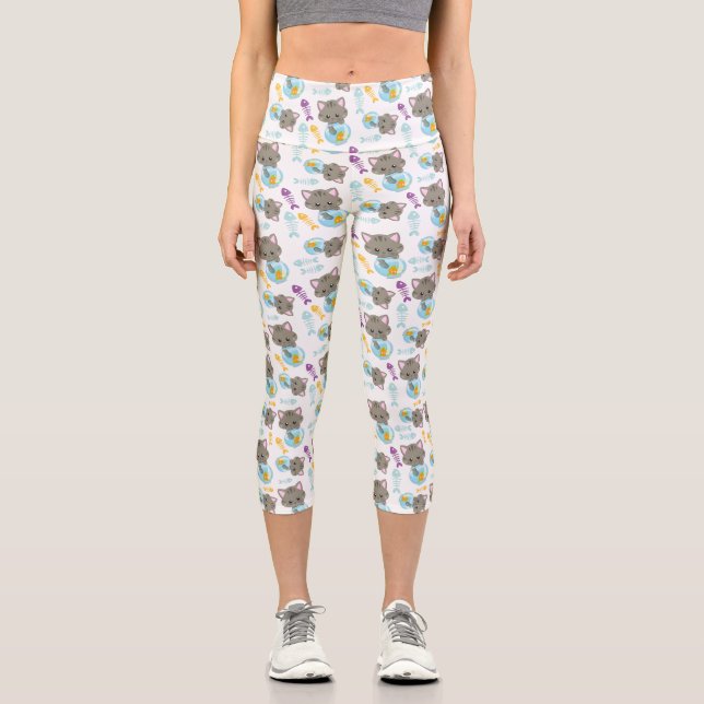 Pattern Of Cats, Cute Cats, Kittens, Fish Capri Leggings (Front)