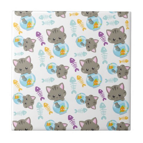 Pattern Of Cats Cute Cats Kittens Fish Ceramic Tile