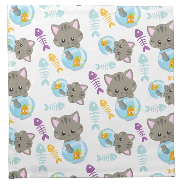 Pattern Of Cats, Cute Cats, Kittens, Fish Cloth Napkin (Front)