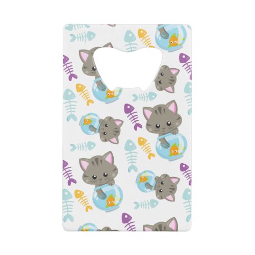 Pattern Of Cats Cute Cats Kittens Fish Credit Card Bottle Opener