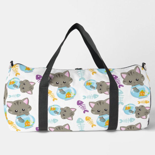 Pattern Of Cats, Cute Cats, Kittens, Fish Duffle Bag (Front)