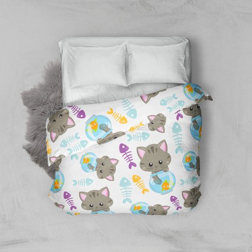Pattern Of Cats Cute Cats Kittens Fish Duvet Cover