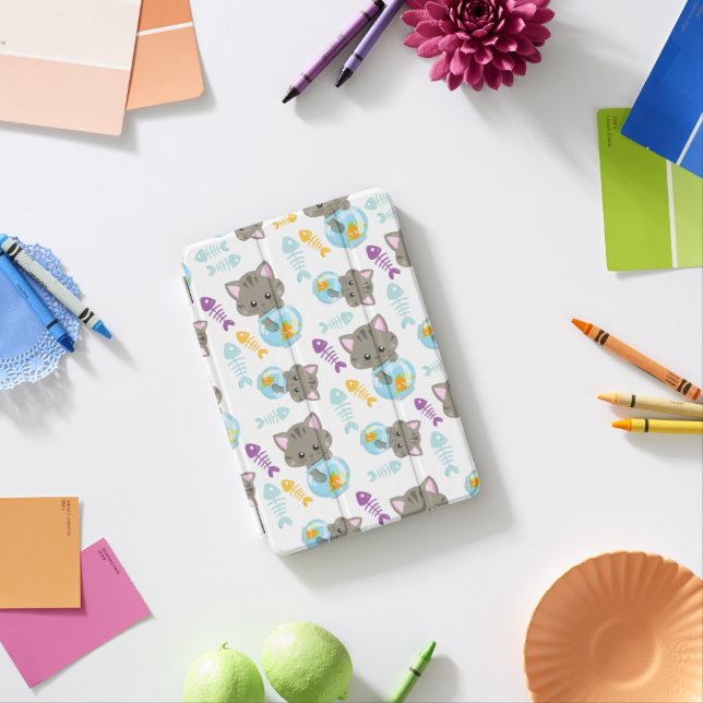 Pattern Of Cats, Cute Cats, Kittens, Fish iPad Mini Cover (In Situ)