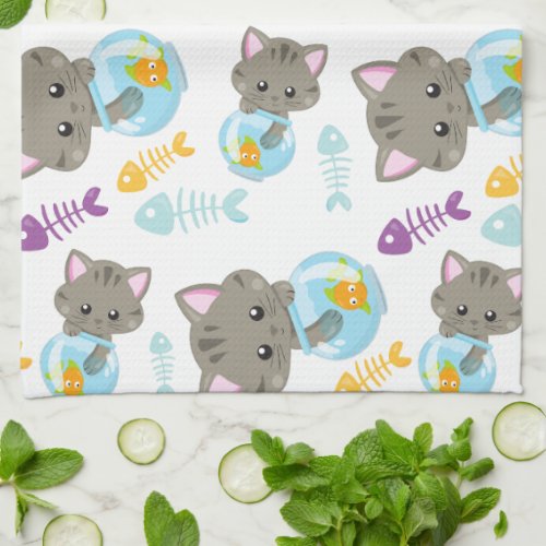 Pattern Of Cats Cute Cats Kittens Fish Kitchen Towel