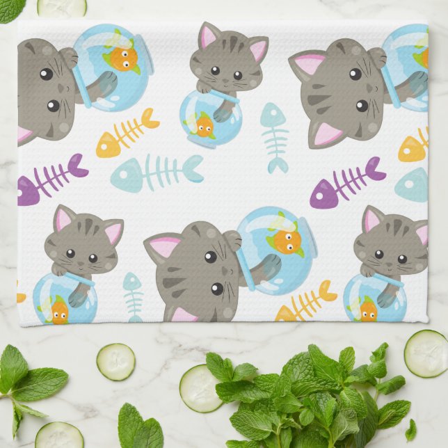 Pattern Of Cats, Cute Cats, Kittens, Fish Kitchen Towel (Folded)