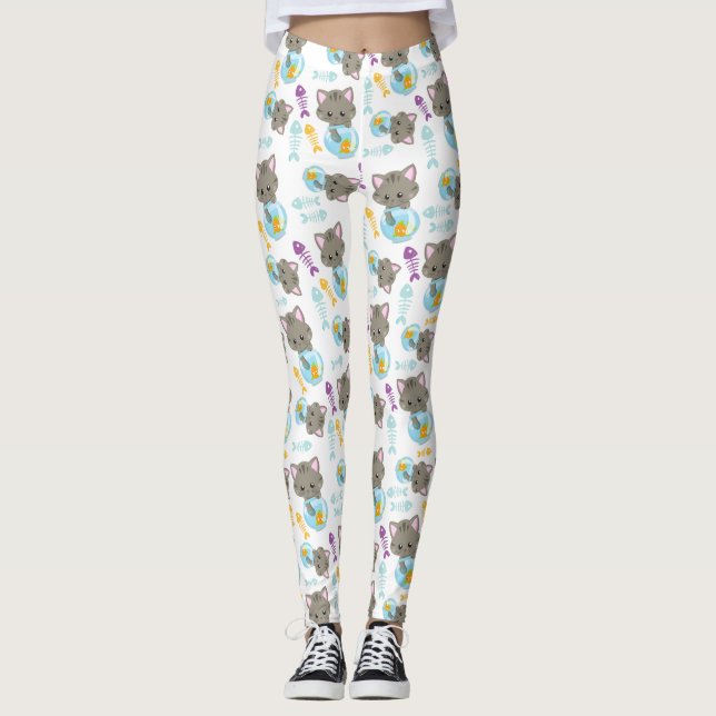 Pattern Of Cats, Cute Cats, Kittens, Fish Leggings (Front)