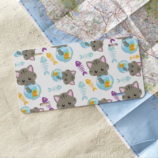 Pattern Of Cats, Cute Cats, Kittens, Fish License Plate (In Situ)