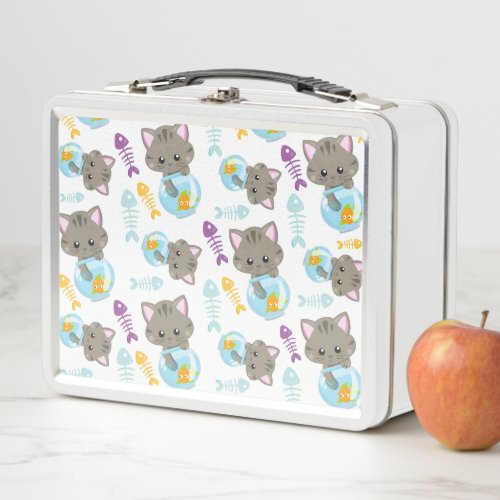 Pattern Of Cats Cute Cats Kittens Fish Metal Lunch Box