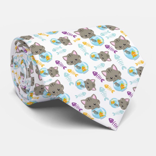 Pattern Of Cats, Cute Cats, Kittens, Fish Neck Tie (Rolled)