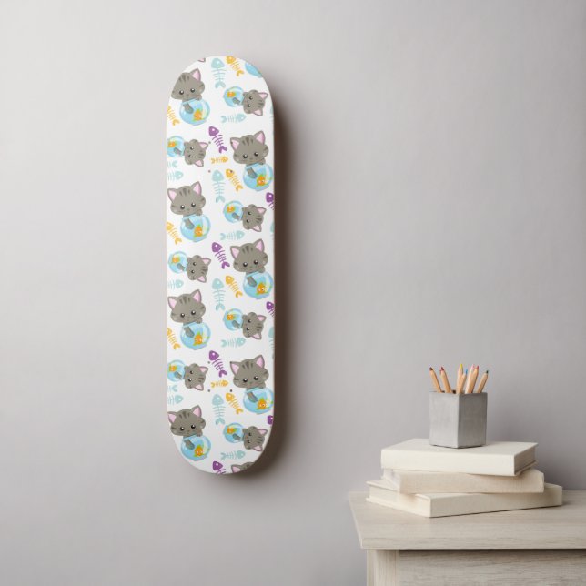 Pattern Of Cats, Cute Cats, Kittens, Fish Skateboard (Wall Art)