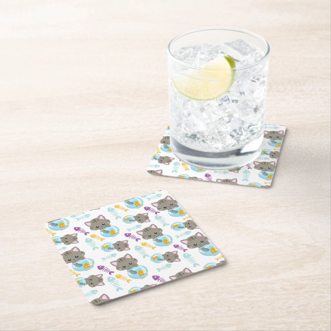 Pattern Of Cats, Cute Cats, Kittens, Fish Square Paper Coaster (Insitu)
