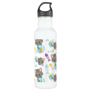 Pattern Of Cats, Cute Cats, Kittens, Fish Stainless Steel Water Bottle