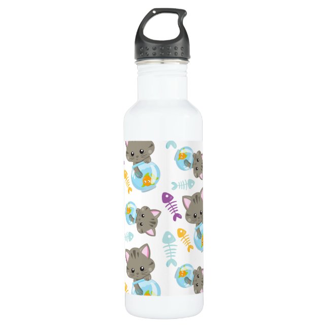 Pattern Of Cats, Cute Cats, Kittens, Fish Stainless Steel Water Bottle (Front)