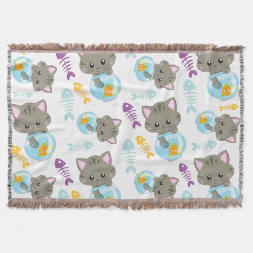 Pattern Of Cats Cute Cats Kittens Fish Throw Blanket