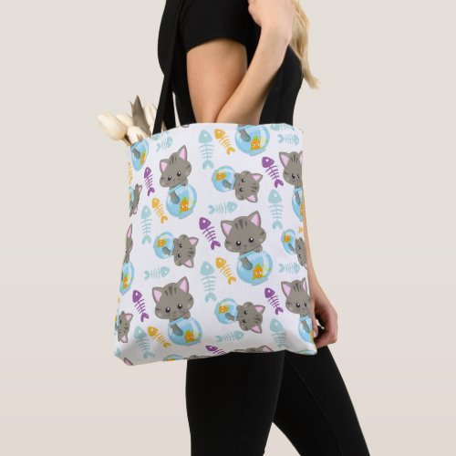 Pattern Of Cats Cute Cats Kittens Fish Tote Bag