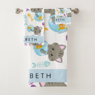 Pattern Of Cats, Cute Cats, Kittens, Your Name Bath Towel Set