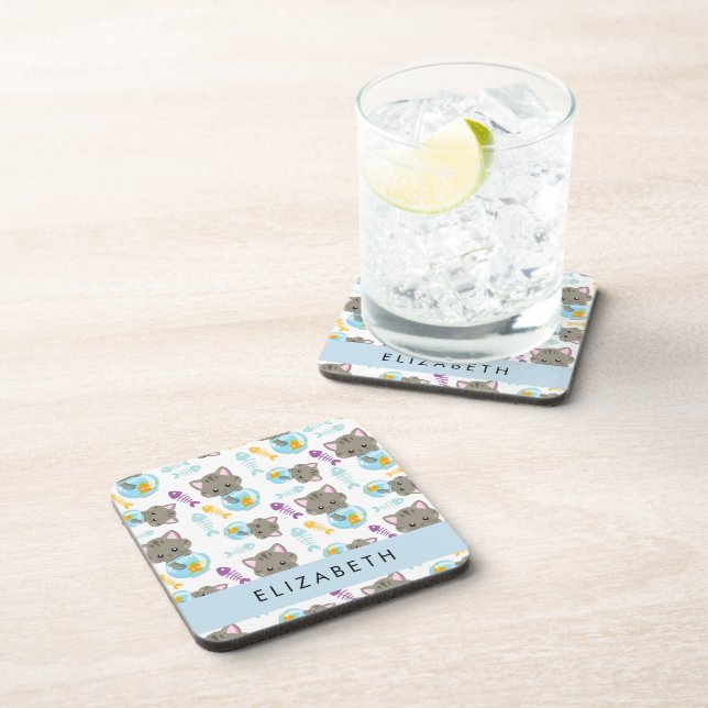 Pattern Of Cats, Cute Cats, Kittens, Your Name Beverage Coaster (Right Side)