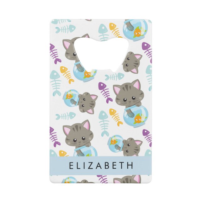 Pattern Of Cats, Cute Cats, Kittens, Your Name Credit Card Bottle Opener (Front)