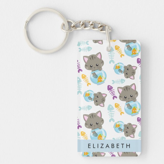 Pattern Of Cats, Cute Cats, Kittens, Your Name Keychain (Front)