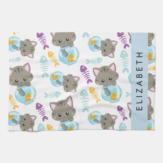 Pattern Of Cats, Cute Cats, Kittens, Your Name Kitchen Towel (Horizontal)