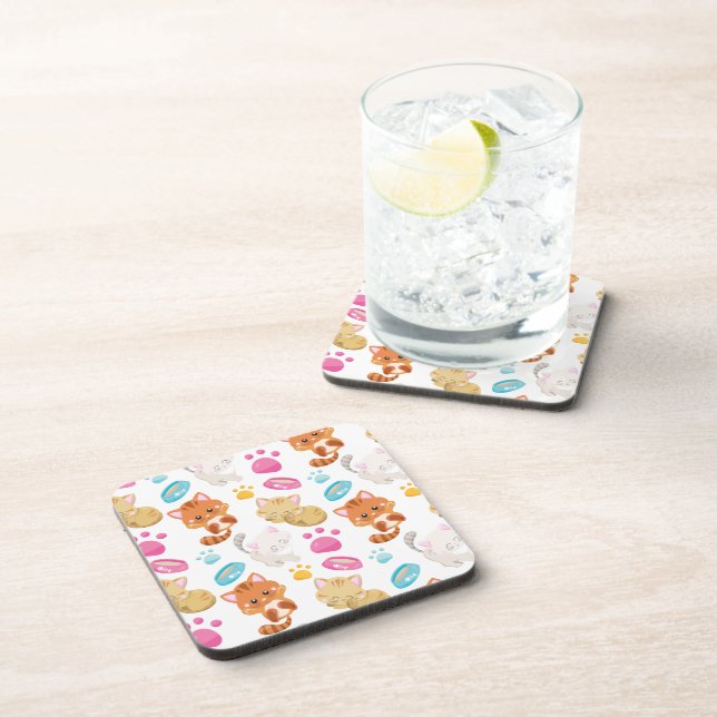 Pattern Of Cats, Cute Cats, Kitty, Kittens, Paws Beverage Coaster (Right Side)