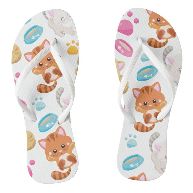 Pattern Of Cats, Cute Cats, Kitty, Kittens, Paws Flip Flops (Footbed)