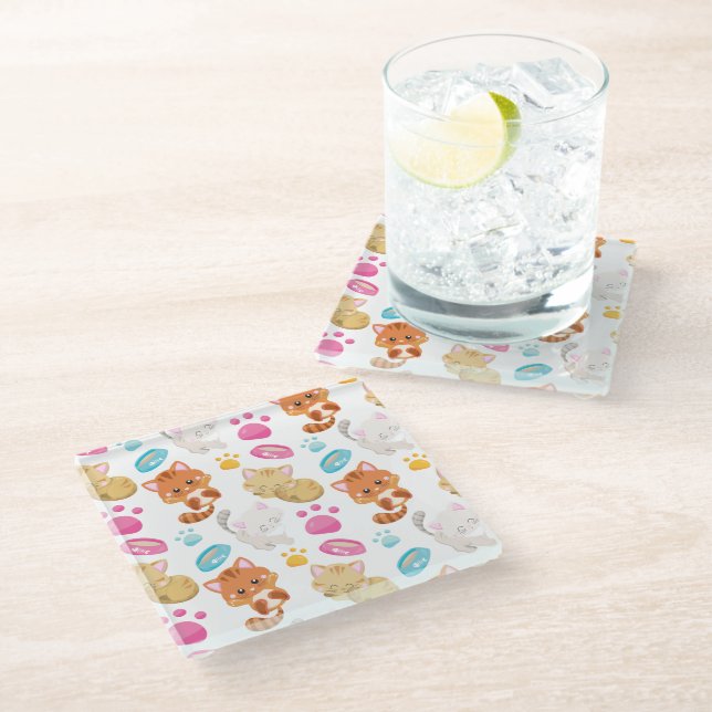 Pattern Of Cats, Cute Cats, Kitty, Kittens, Paws Glass Coaster (Angled)