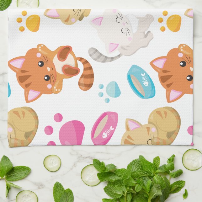 Pattern Of Cats, Cute Cats, Kitty, Kittens, Paws Kitchen Towel (Folded)