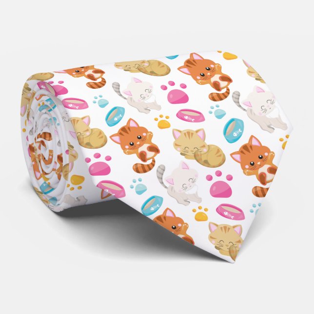 Pattern Of Cats, Cute Cats, Kitty, Kittens, Paws Neck Tie (Rolled)