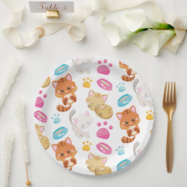 Pattern Of Cats, Cute Cats, Kitty, Kittens, Paws Paper Plates (Wedding)