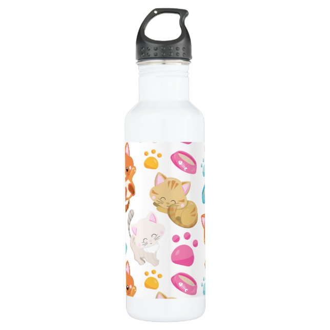 Pattern Of Cats, Cute Cats, Kitty, Kittens, Paws Stainless Steel Water Bottle (Front)