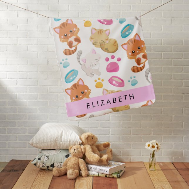Pattern Of Cats, Cute Cats, Kitty, Paws, Your Name Baby Blanket (In Situ)