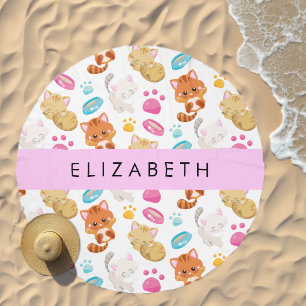Pattern Of Cats, Cute Cats, Kitty, Paws, Your Name Beach Towel
