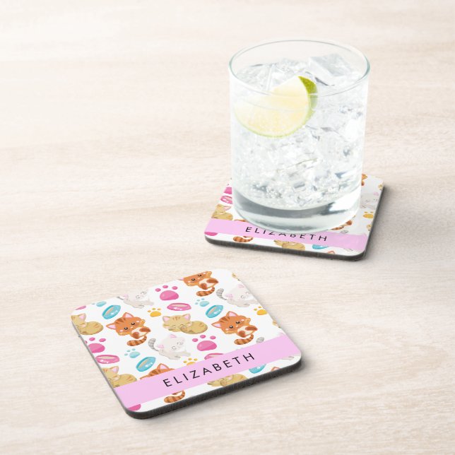 Pattern Of Cats, Cute Cats, Kitty, Paws, Your Name Beverage Coaster (Right Side)