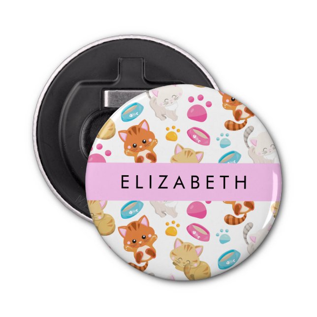 Pattern Of Cats, Cute Cats, Kitty, Paws, Your Name Bottle Opener (Front)