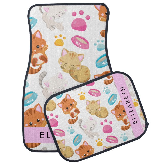 Pattern Of Cats, Cute Cats, Kitty, Paws, Your Name Car Floor Mat (Set)