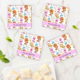 Pattern Of Cats, Cute Cats, Kitty, Paws, Your Name Coaster Set