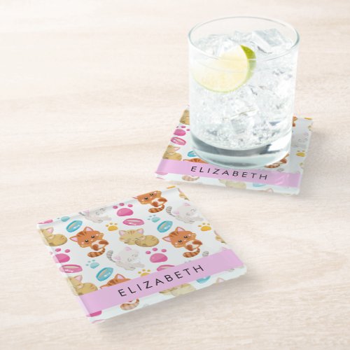 Pattern Of Cats Cute Cats Kitty Paws Your Name Glass Coaster
