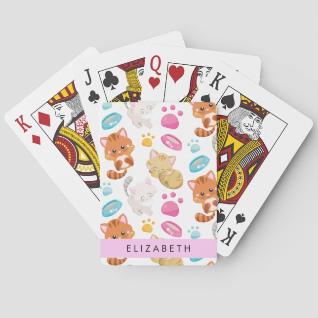 Pattern Of Cats, Cute Cats, Kitty, Paws, Your Name Poker Cards (Back)