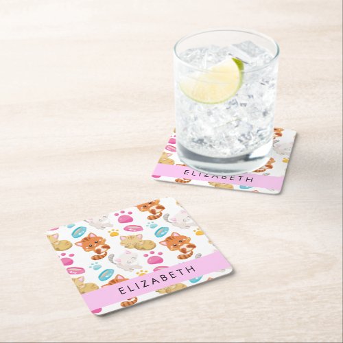 Pattern Of Cats Cute Cats Kitty Paws Your Name Square Paper Coaster