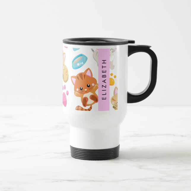 Pattern Of Cats, Cute Cats, Kitty, Paws, Your Name Travel Mug (Right)
