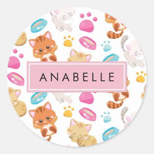 Pattern Of Cats Cute Cats Kitty Your Name Classic Round Sticker