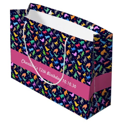 Pattern Of Colorful Cats Navy Blue Background Large Gift Bag