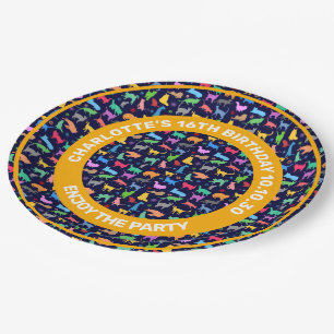 Pattern Of Colorful Cats. Navy Blue Background Paper Plates