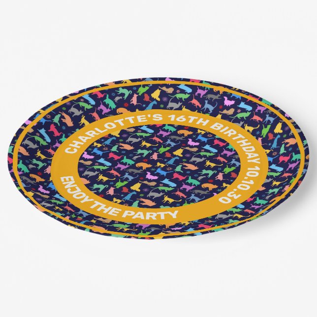 Pattern Of Colorful Cats. Navy Blue Background Paper Plates (Angled)
