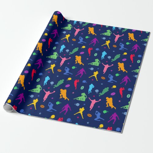 Pattern Of Colorful Football Players On Dark Wrapping Paper