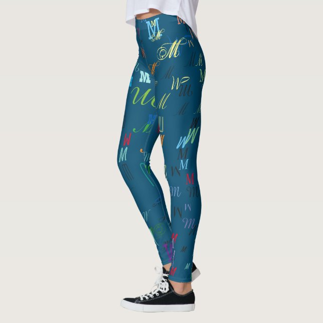 Pattern of colorful initials personalized on blue leggings (Left)