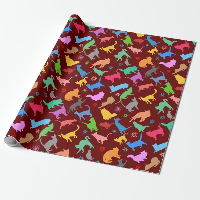 Pattern Of Colorful Silhouettes Of Cats Wrapping Paper (Unrolled)