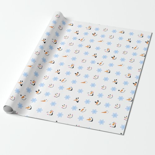 Pattern Of Cool Snowmen Faces Blue Snowflakes Wrapping Paper