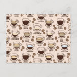 Pattern of different coffee drinks in a cafe postcard